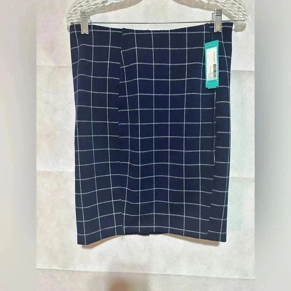 Liverpool Los Angeles High Rise Reese Pencil Skirt Navy Plaid Stretch Sz 6P NEW